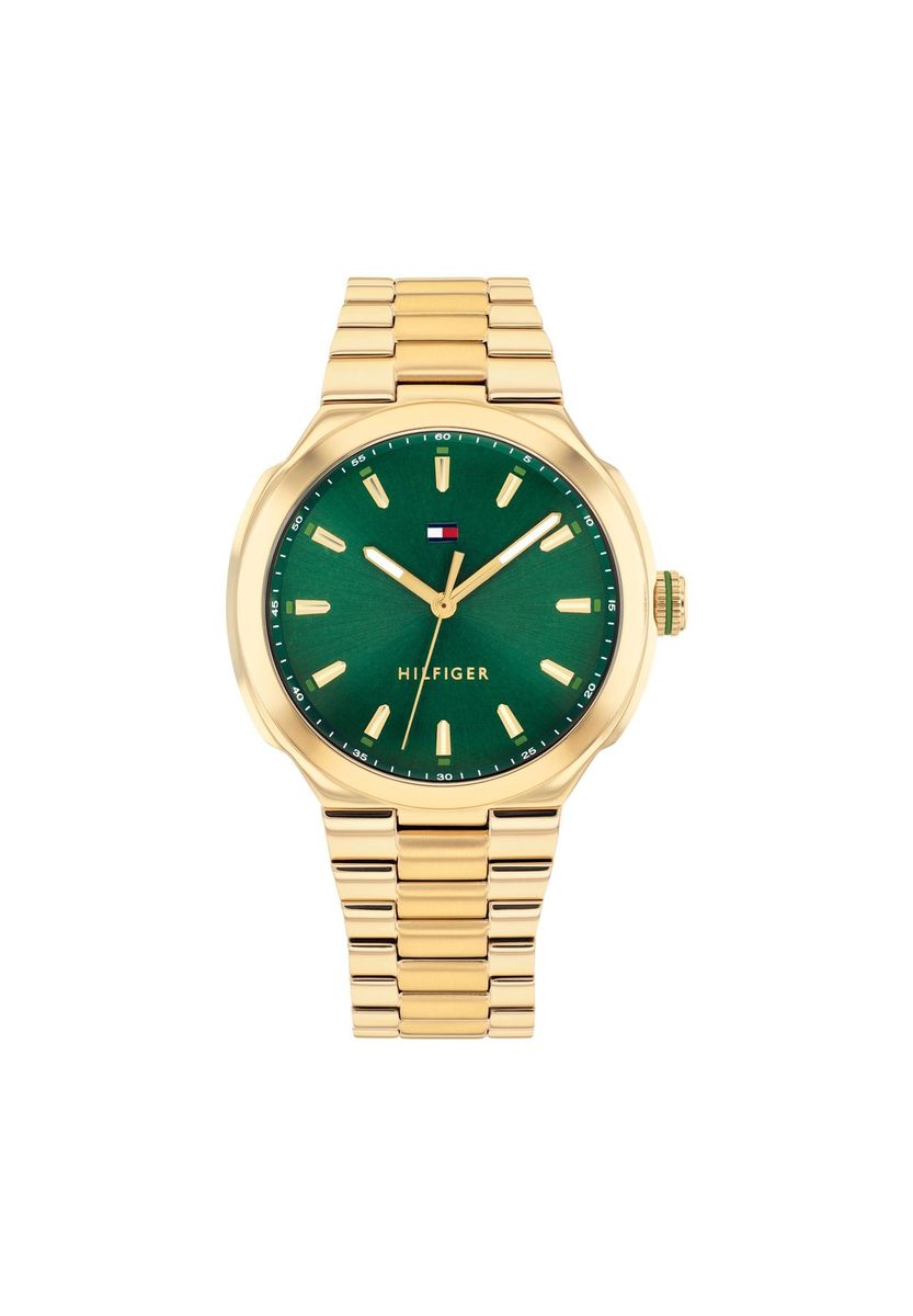 Elegante goldfarbene Armbanduhr mit grünem Zifferblatt