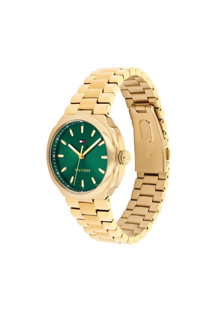 Elegante goldfarbene Armbanduhr mit grünem Zifferblatt