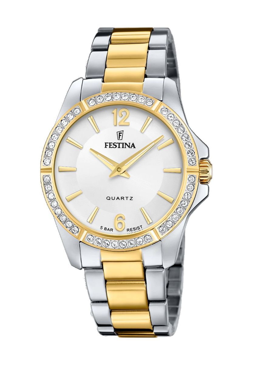 Elegante Bicolor-Armbanduhr mit Kristall-Lünette