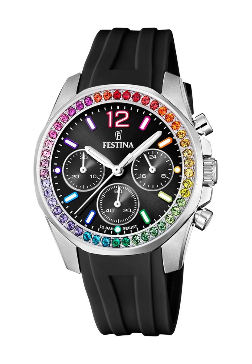 Chronograph mit bunten Schmucksteinen