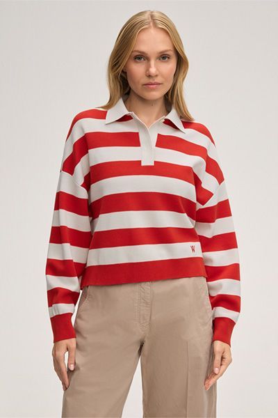 Gestreifter Oversize-Polo-Pullover aus Merinowolle