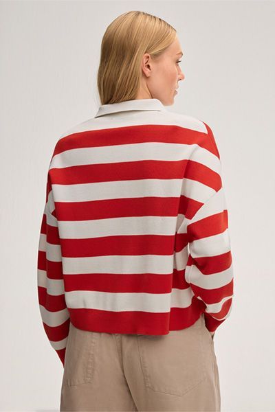 Gestreifter Oversize-Polo-Pullover aus Merinowolle