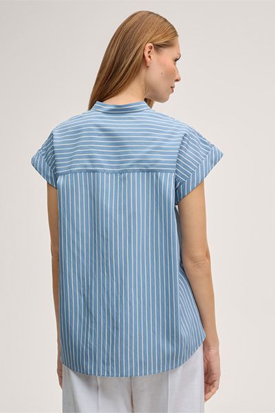 Gestreifte Kurzarm-Bluse mit Stehkragen