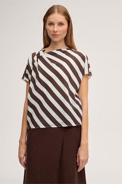 Drapierte gestreifte Viskose-Leinen-Bluse