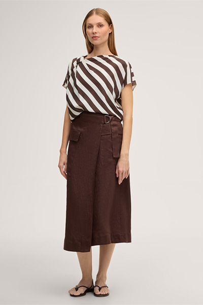 Drapierte gestreifte Viskose-Leinen-Bluse
