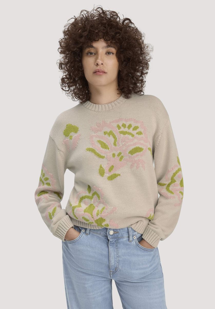 Baumwollstrickpullover mit floralem Jacquard-Muster