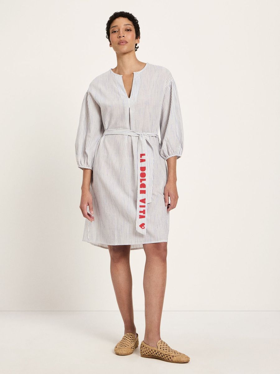 Gestreiftes Leinenmix-Kleid mit Ballonärmeln
