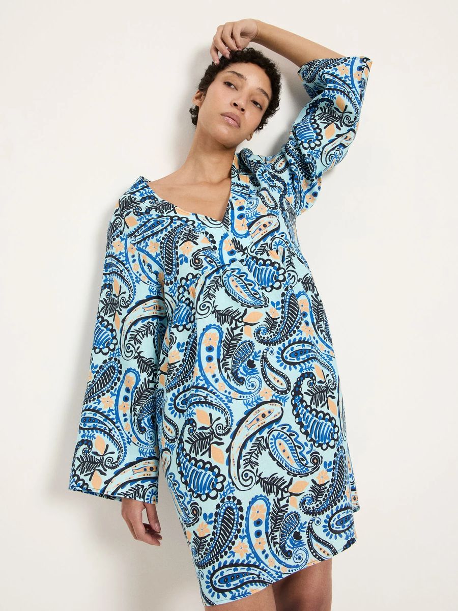 Leinen-Tunika-Kleid mit Paisley-Muster