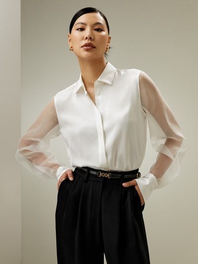 Seidensatinbluse mit transparenten Ärmeln