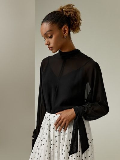 Transparentes Chiffon-Blusen-Set mit Stehkragen