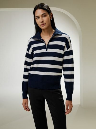 Gestreifter Wollpullover mit Viertelreißverschluss