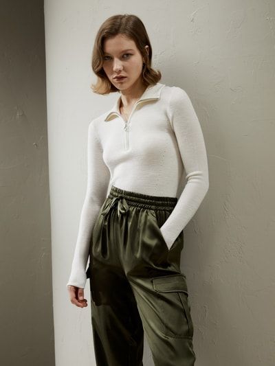 Gerippter Merino-Pullover mit halbem Reißverschluss