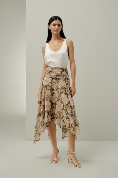 Asymmetrischer Chiffon-Midirock mit Blumenmuster