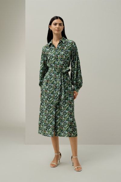 Seiden-Hemdblusenkleid mit botanischem Print