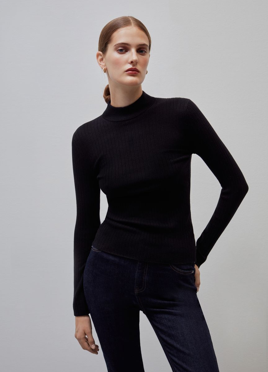 Feinripp-Strickpullover mit Stehkragen
