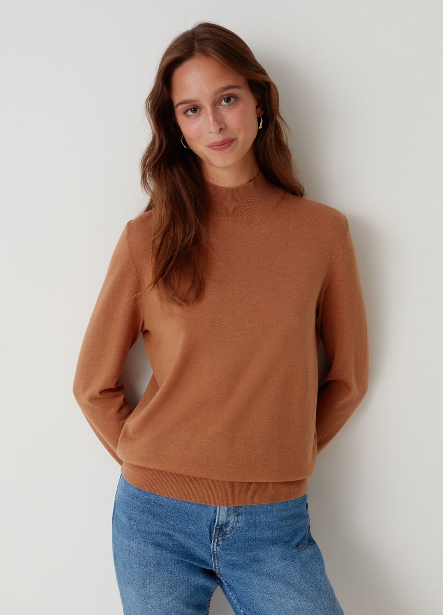 Feinripp-Strickpullover mit Stehkragen