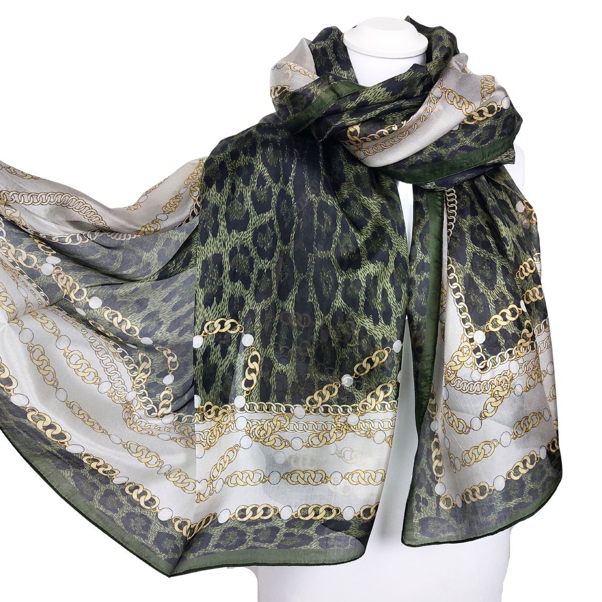 Eleganter Seidenschal mit Leoparden- und Kettenmuster