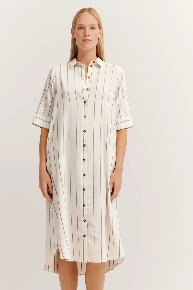 Gestreiftes Hemdblusenkleid aus Leinenmix