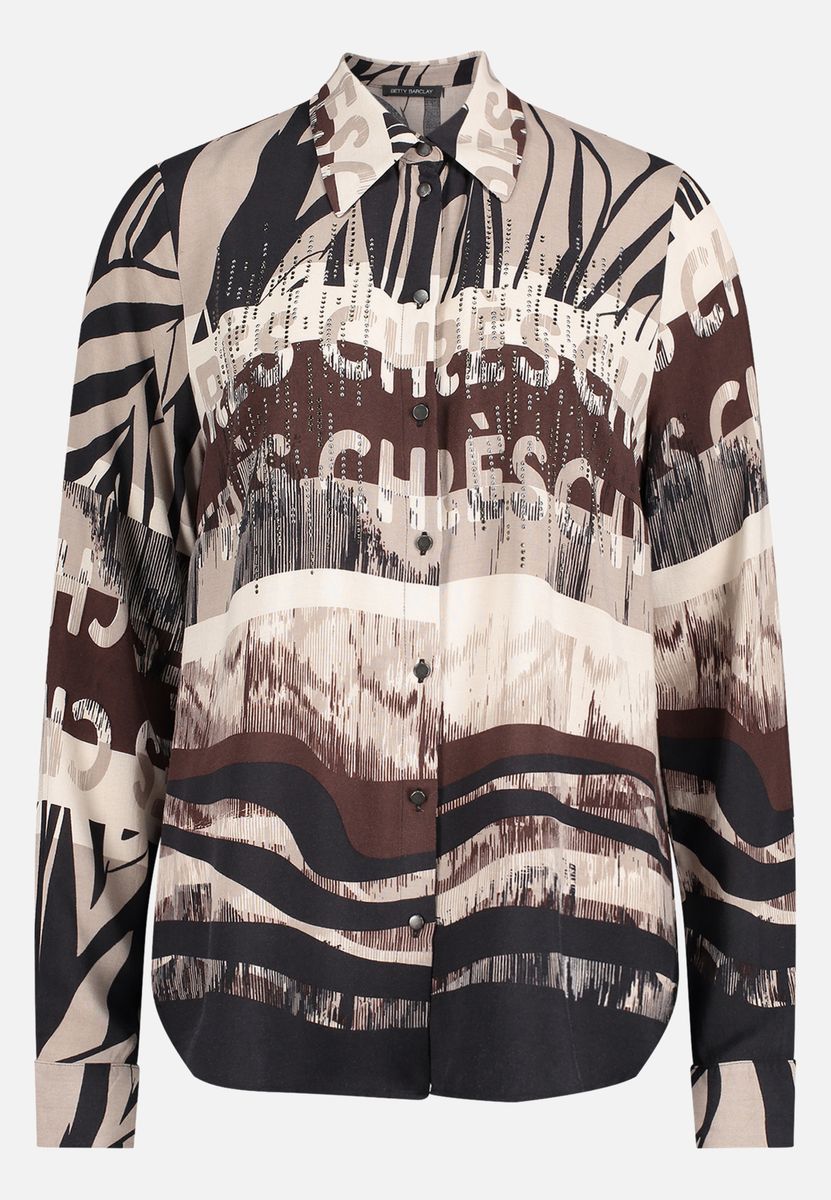 Hemdbluse mit abstraktem Print und Slogan-Ziersteinen