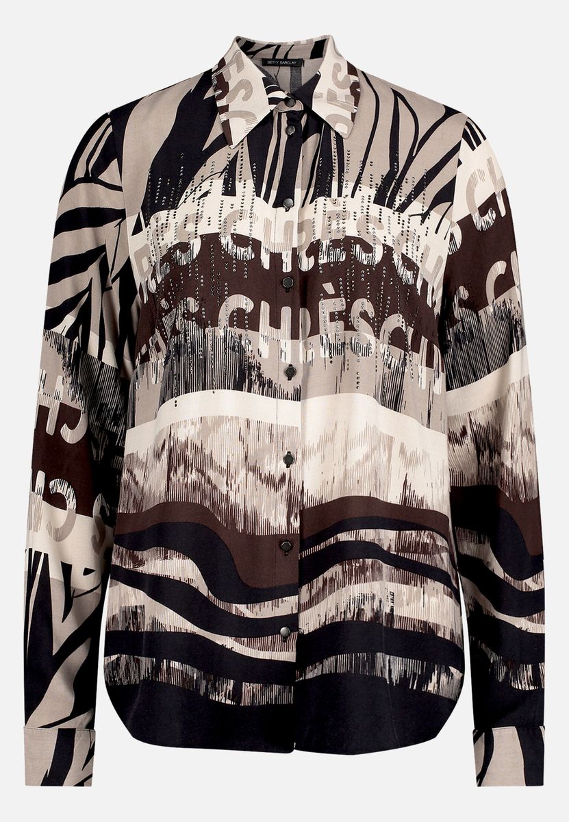 Hemdbluse mit abstraktem Print und Slogan-Ziersteinen