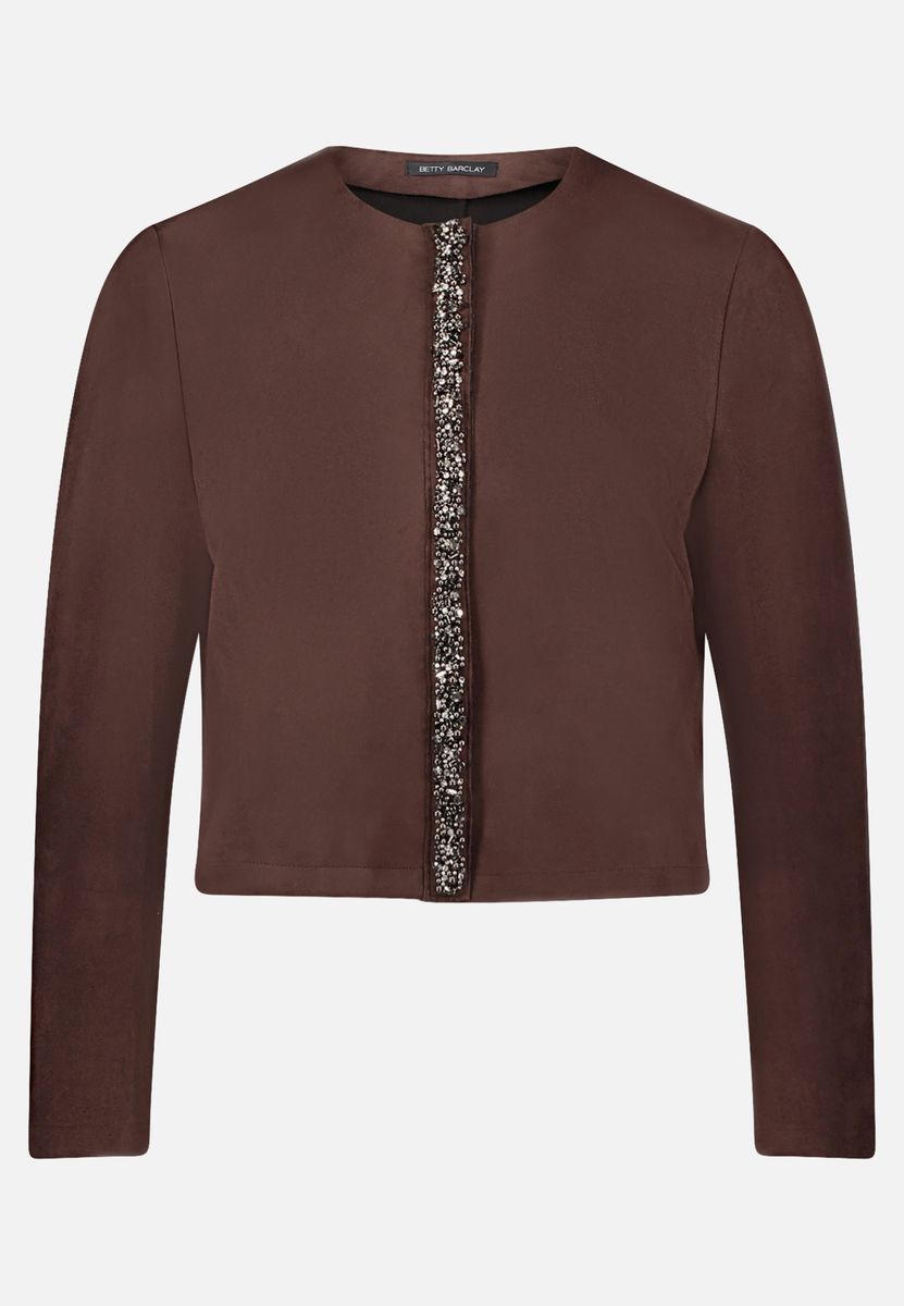 Kurze kragenlose Blazerjacke mit Perlenbesatz