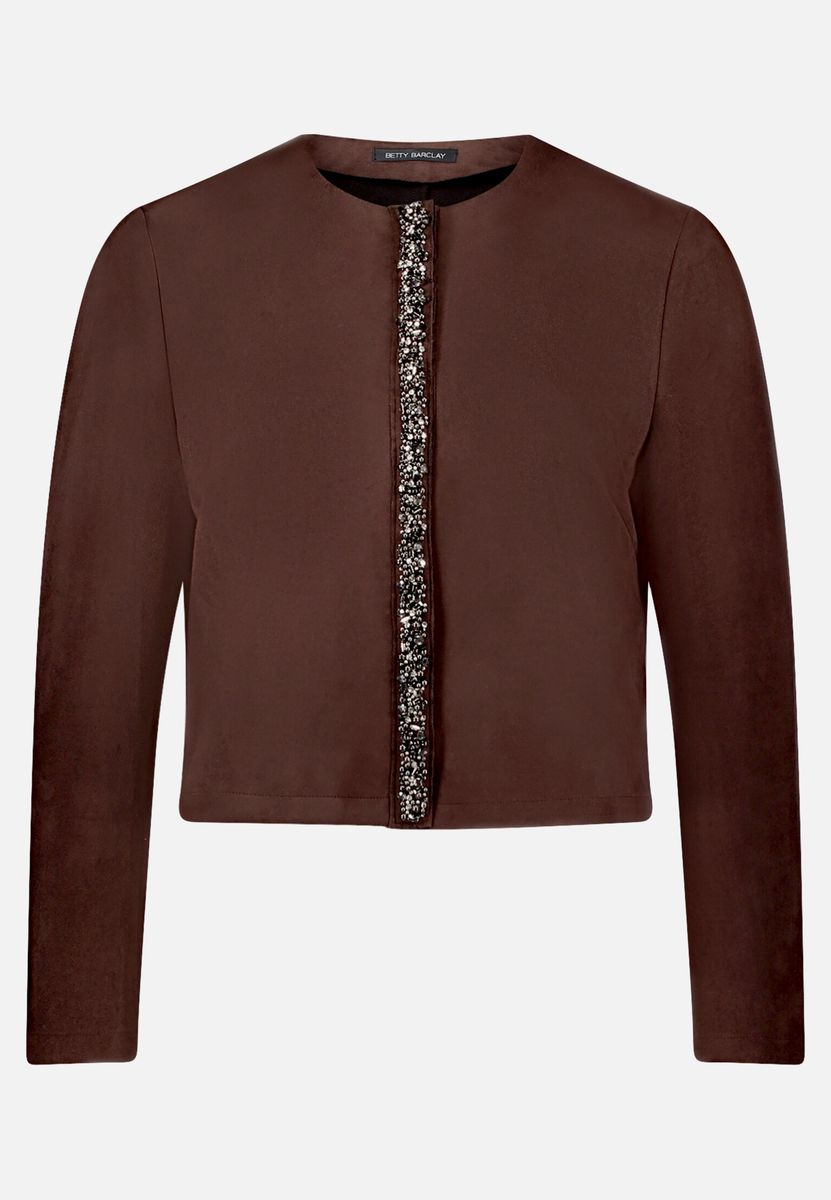 Kurze kragenlose Blazerjacke mit Perlenbesatz