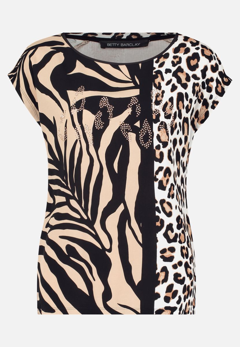 T-Shirt mit Animal-Print-Mix und Strasssteinen