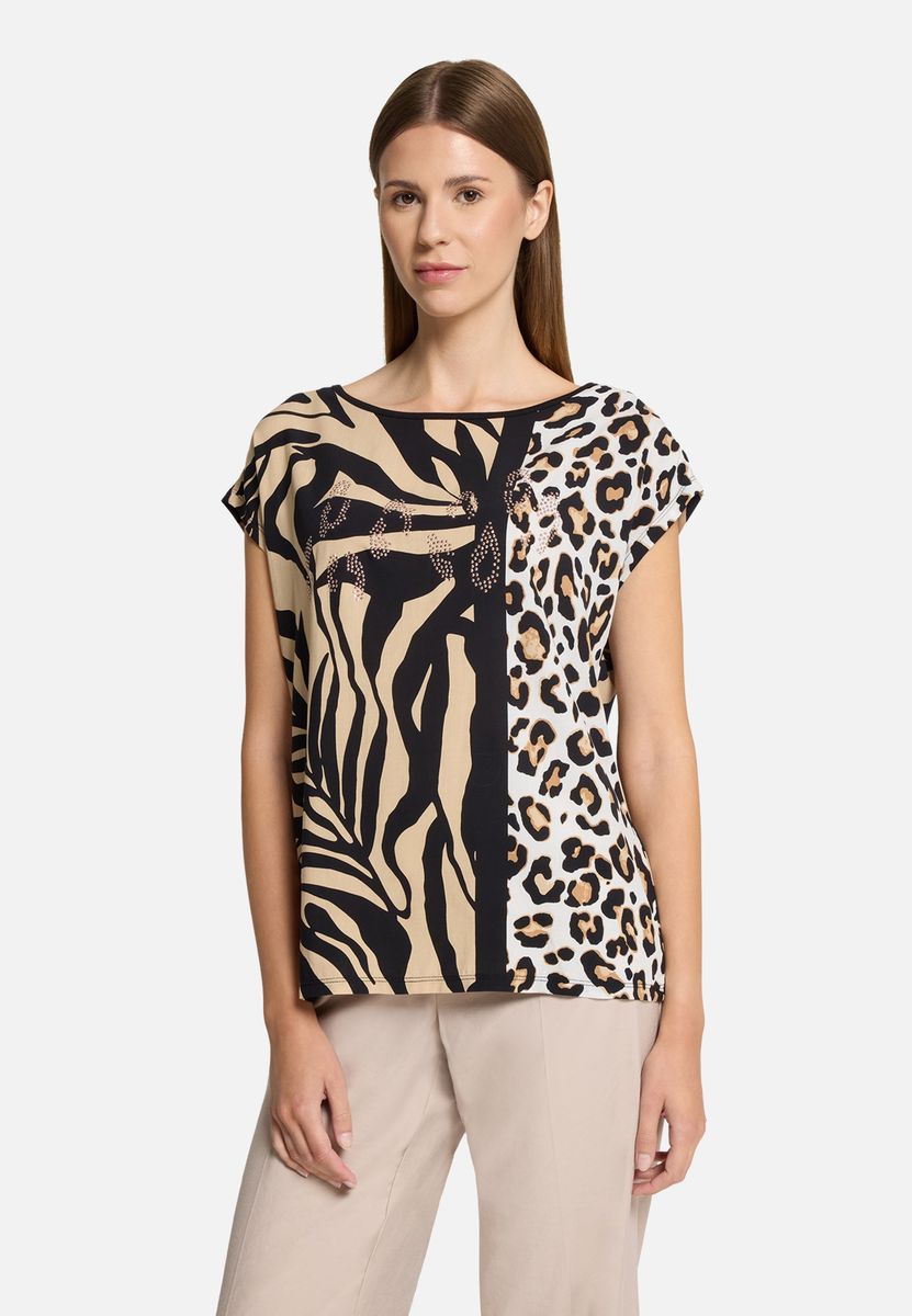 T-Shirt mit Animal-Print-Mix und Strasssteinen