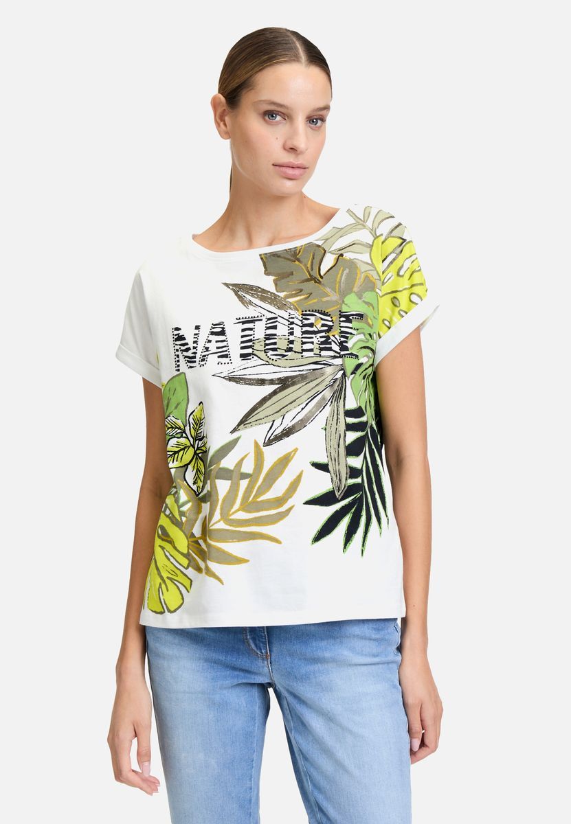 T-Shirt mit Natur-Print und Glitzersteinen