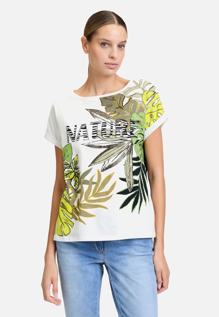 T-Shirt mit Natur-Print und Glitzersteinen