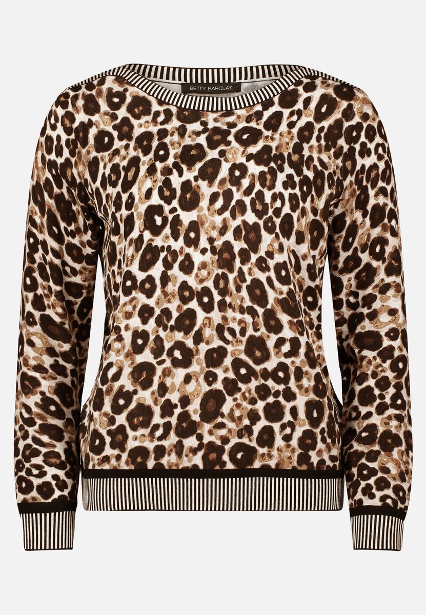 Leoparden-Strickpullover mit gestreiften Bündchen