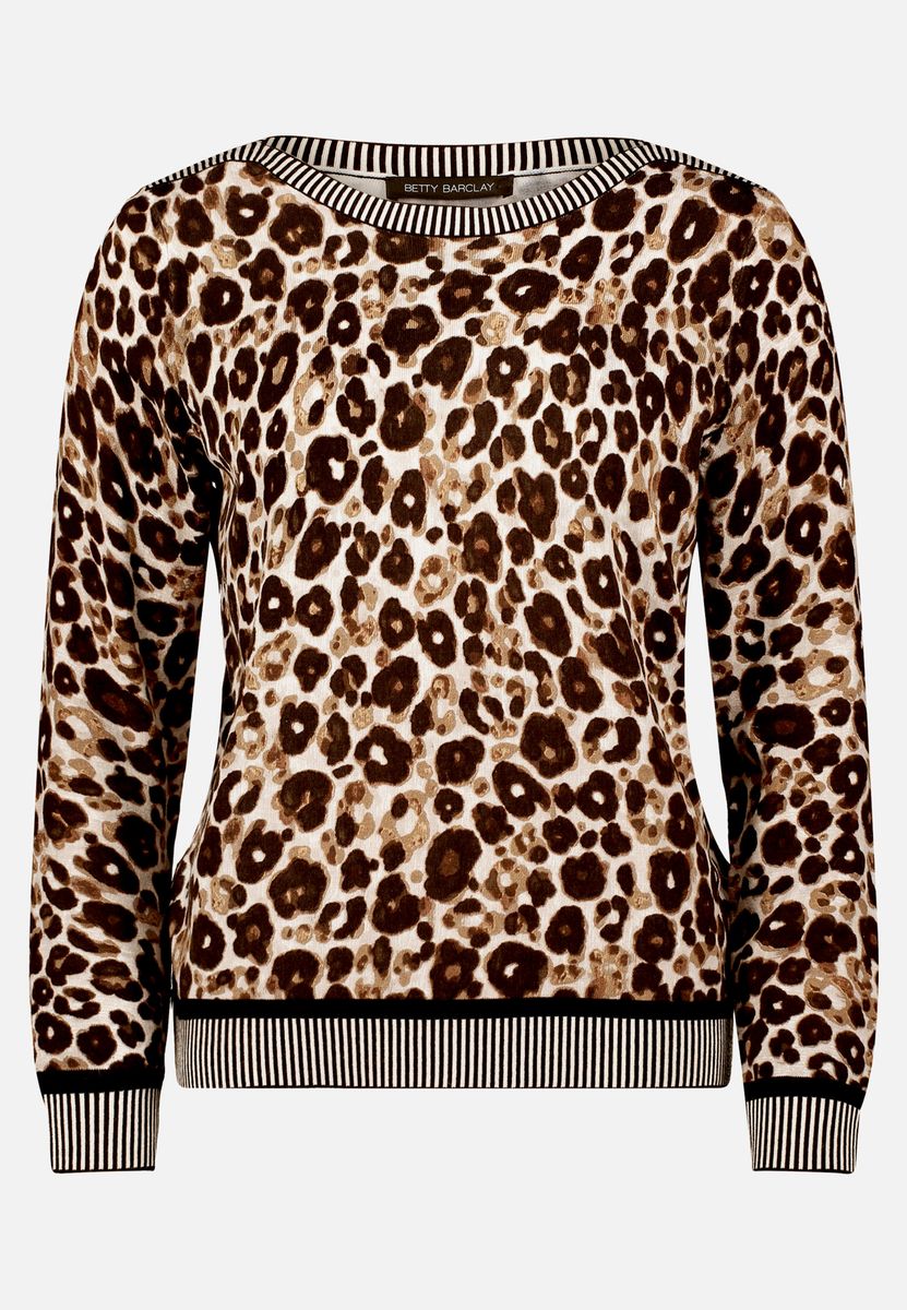 Leoparden-Strickpullover mit gestreiften Bündchen