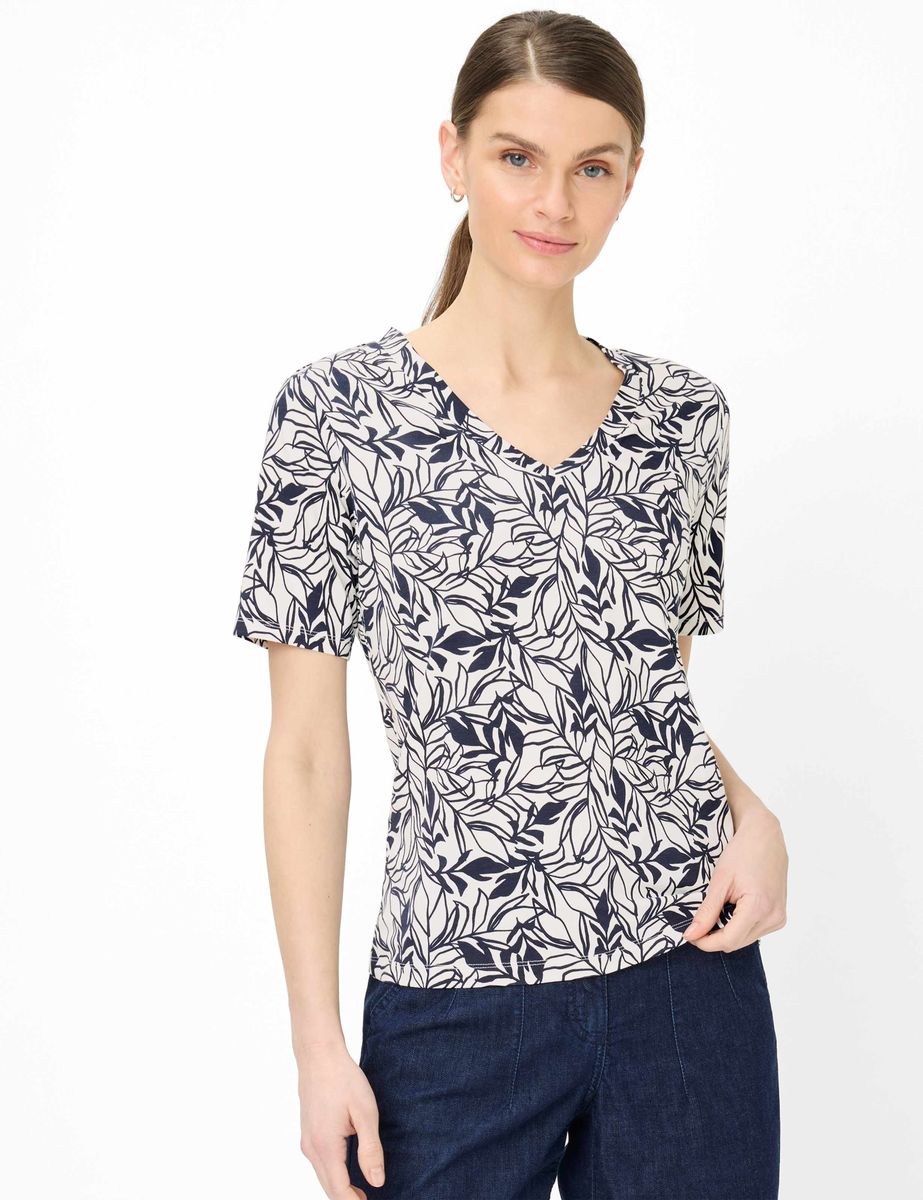 T-Shirt mit Blättermuster und V-Ausschnitt