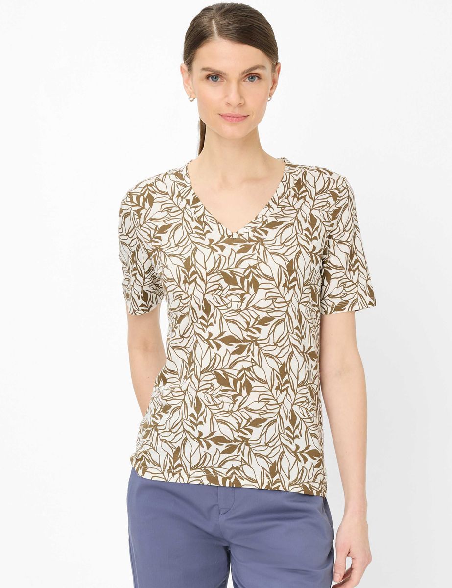 Jersey-Shirt mit V-Ausschnitt und Blattmuster