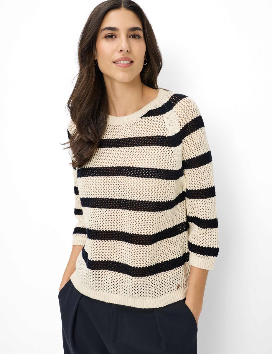 Gestreifter Ajour-Strickpullover aus Baumwolle