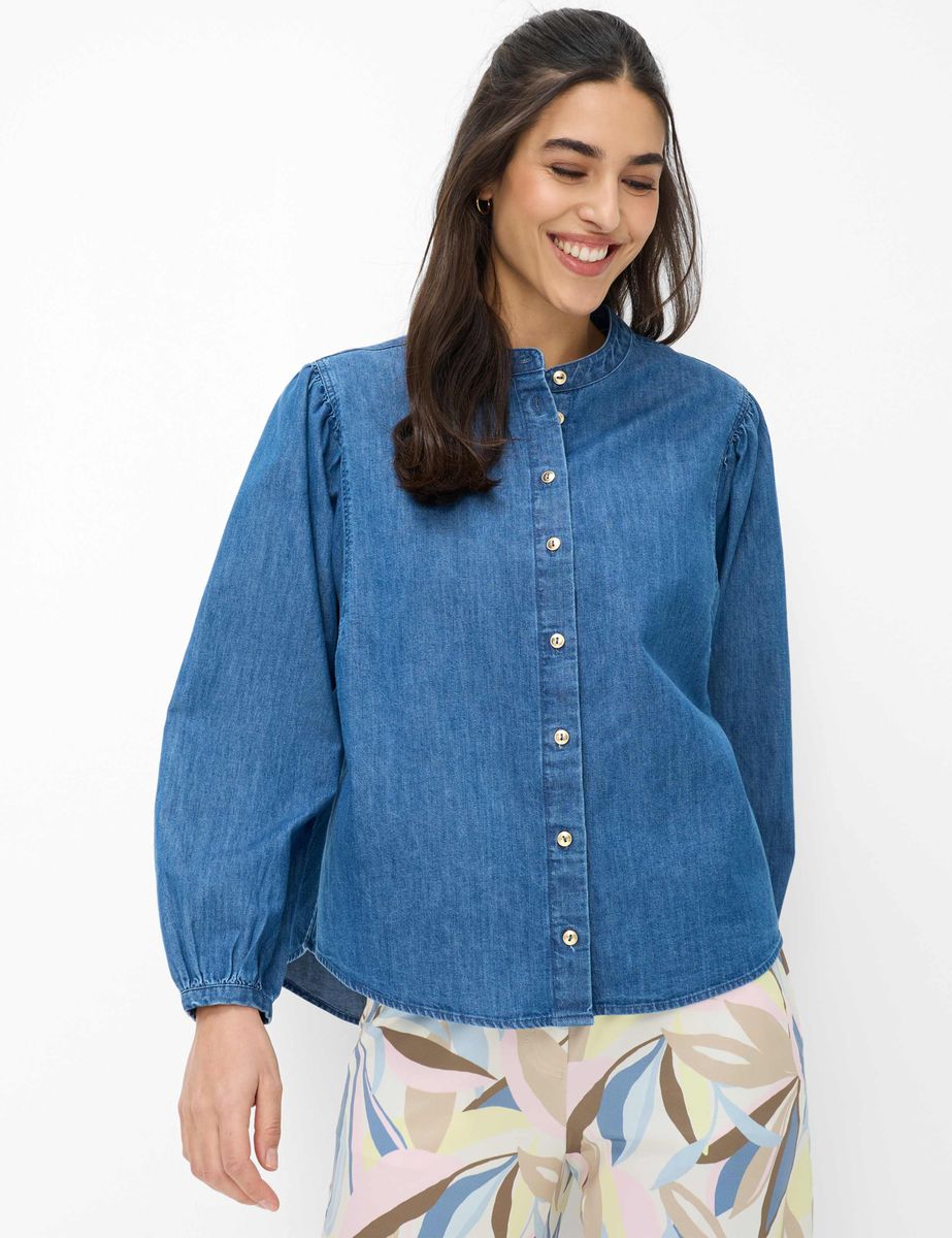 Denimbluse mit Ballonärmeln und Stehkragen
