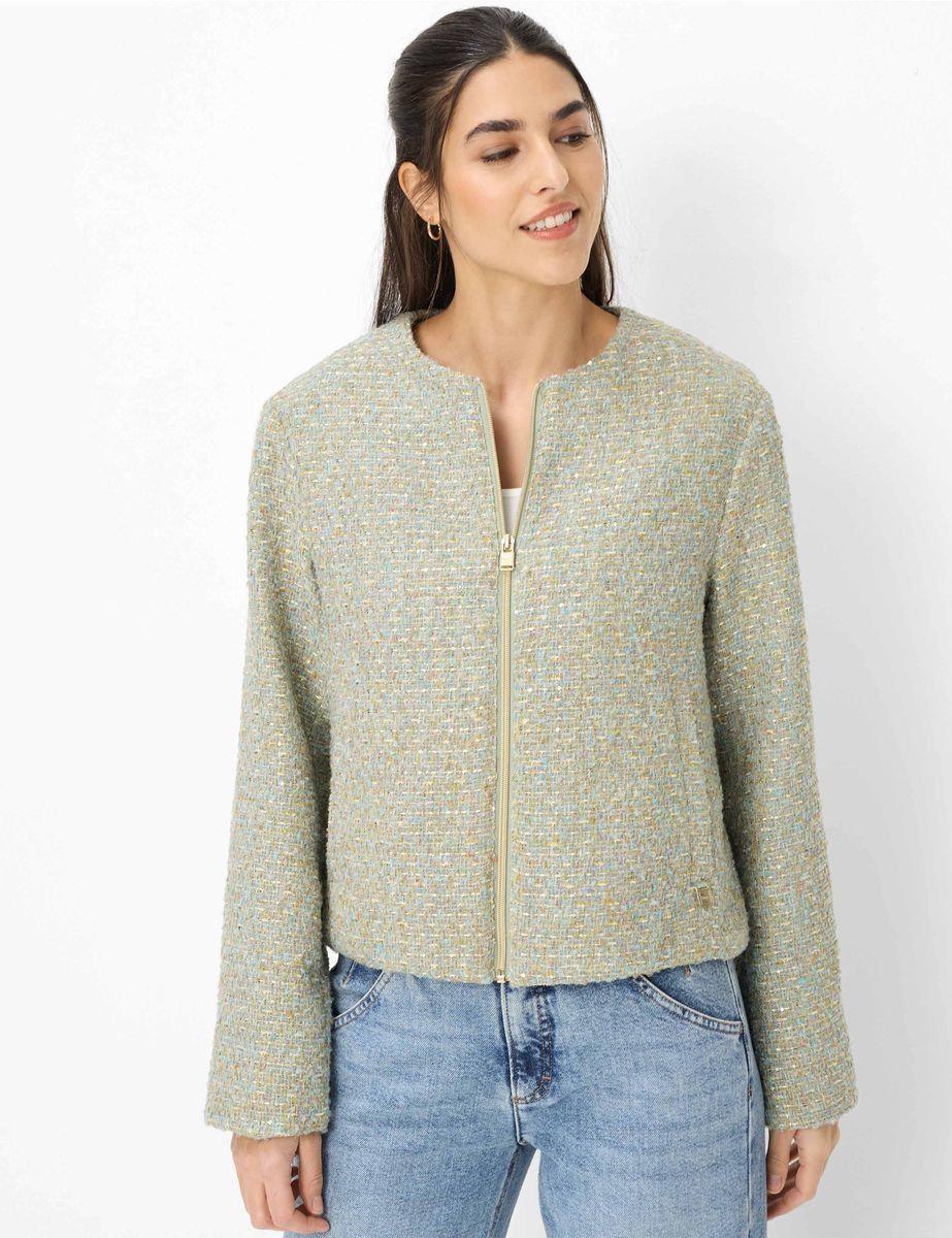 Kragenlose Bouclé-Jacke mit Reißverschluss