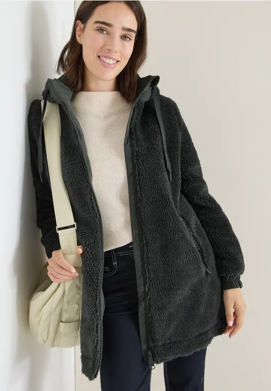 Lange Teddy-Fleecejacke mit Kapuze