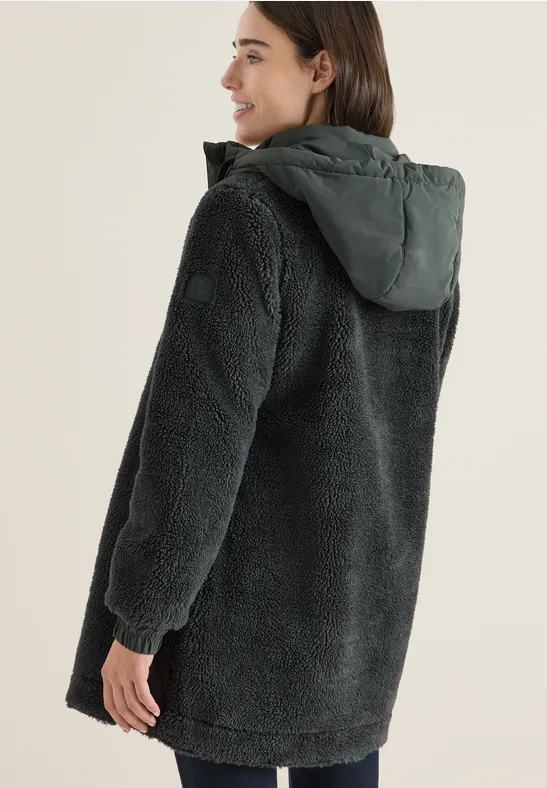 Lange Teddy-Fleecejacke mit Kapuze