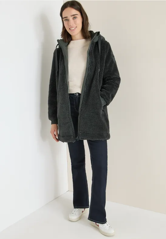 Lange Teddy-Fleecejacke mit Kapuze