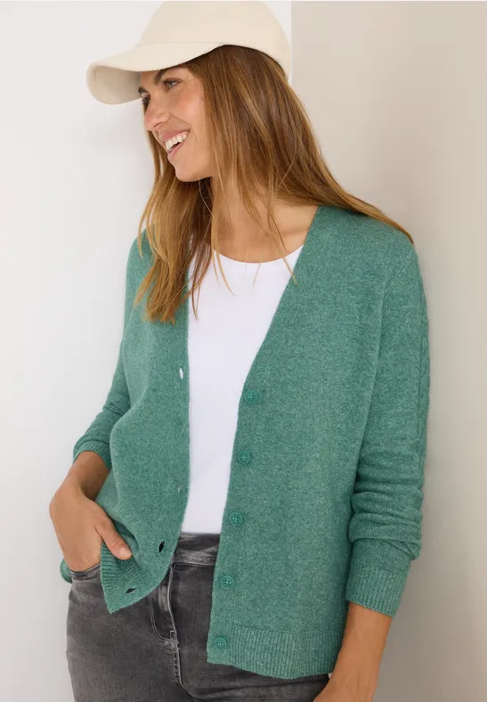 V-Ausschnitt Strickjacke mit Ärmel-Zopfmuster