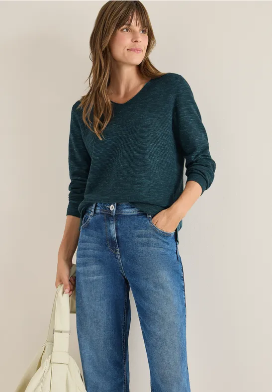 Melange-Strickpullover mit V-Ausschnitt