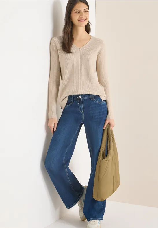Melange-Pullover mit V-Ausschnitt und Schlitzen