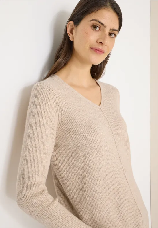 Melange-Pullover mit V-Ausschnitt und Schlitzen