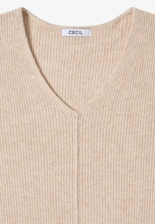 Melange-Pullover mit V-Ausschnitt und Schlitzen