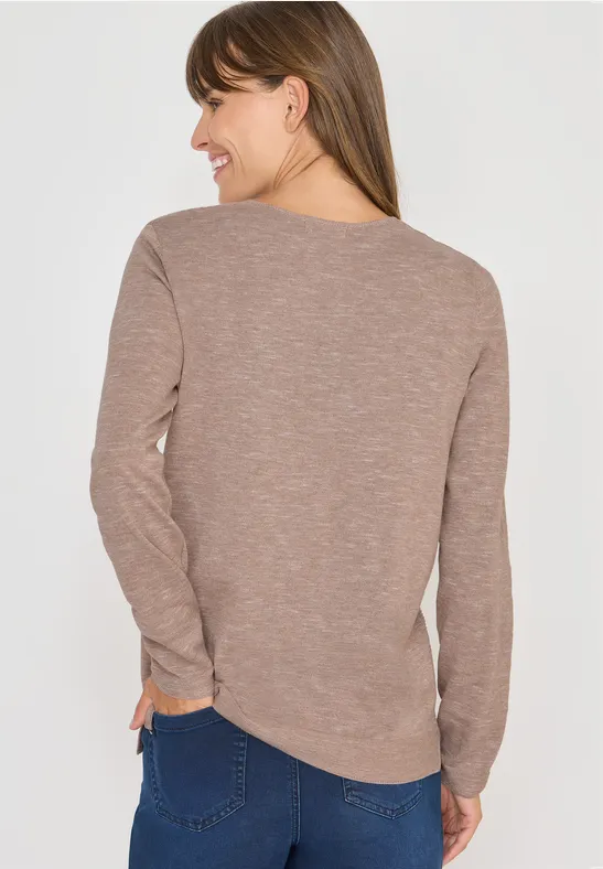 Melange-Pullover mit V-Ausschnitt und Schlitzen