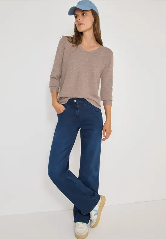 Melange-Pullover mit V-Ausschnitt und Schlitzen
