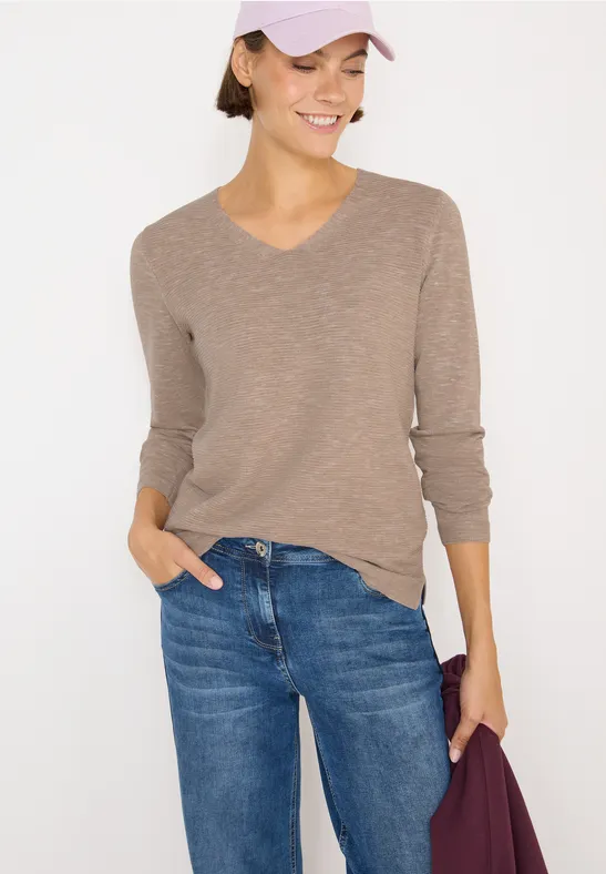 Melange-Pullover mit V-Ausschnitt und Schlitzen