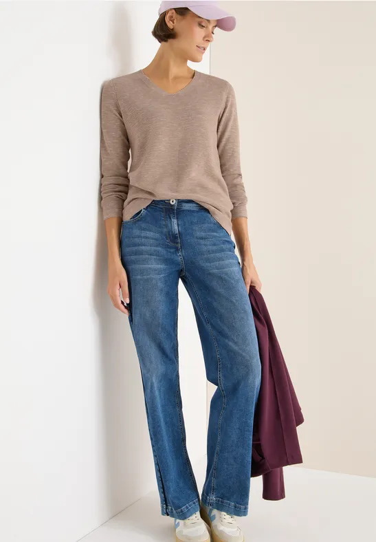 Melange-Pullover mit V-Ausschnitt und Schlitzen
