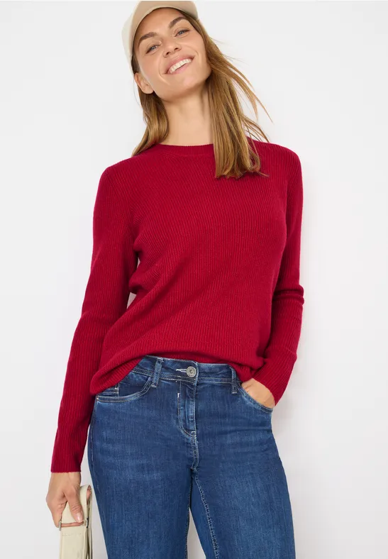 Gerippter Strickpullover mit Rundhalsausschnitt